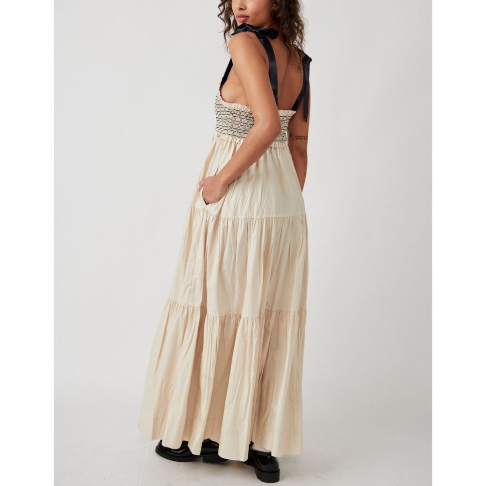 Free People Cream Tiered Maxi Dress with Black Tie Straps - Picture 10 of 13